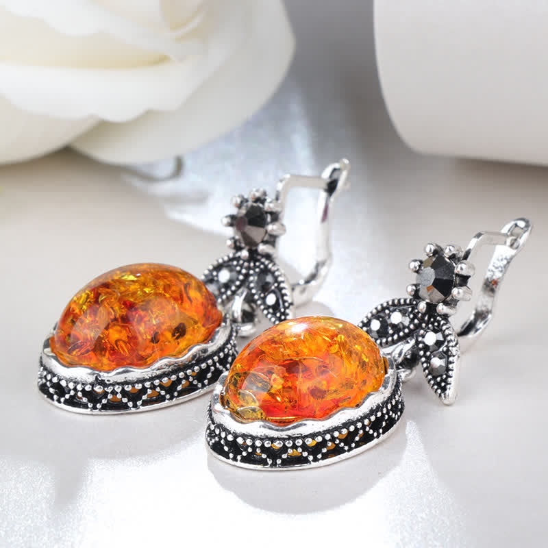 Retro Floral Silver Amber Earrings