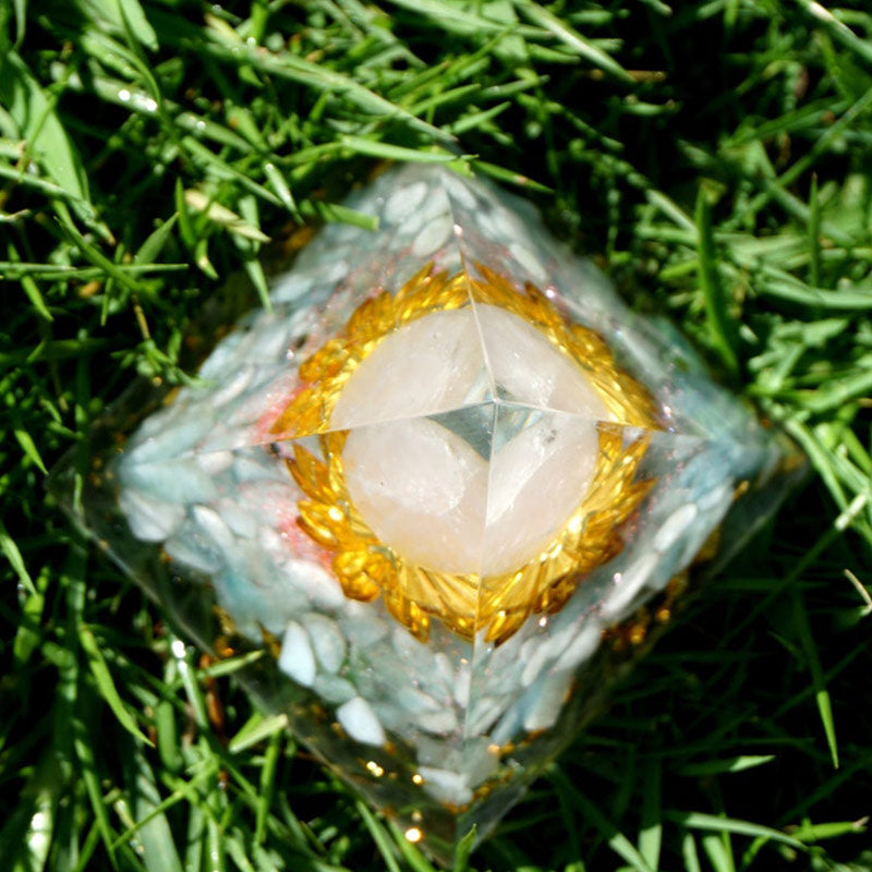 Olivenorma Aquamarine Rose Quartz Lotus Symbol Orgone Pyramid