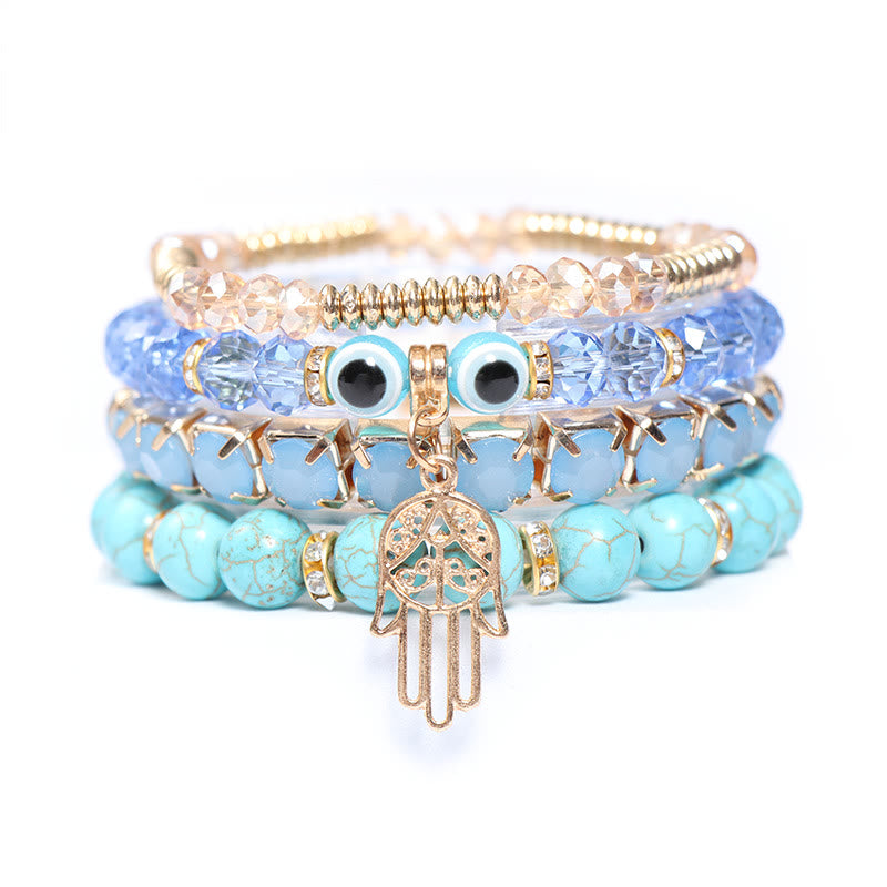 Olivenorma Evil Eye Hamsa Four Layer Beaded Bracelet Set