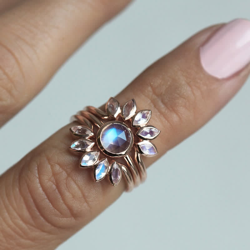 Olivenorma “Tide Goddess” - Sun Flower Moonstone 3 - Piece Ring