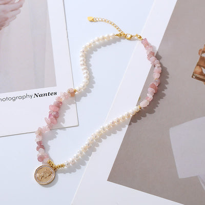 Olivenorma Irregular Strawberry Quartz Pearl Metal Sheet Pendant Necklace