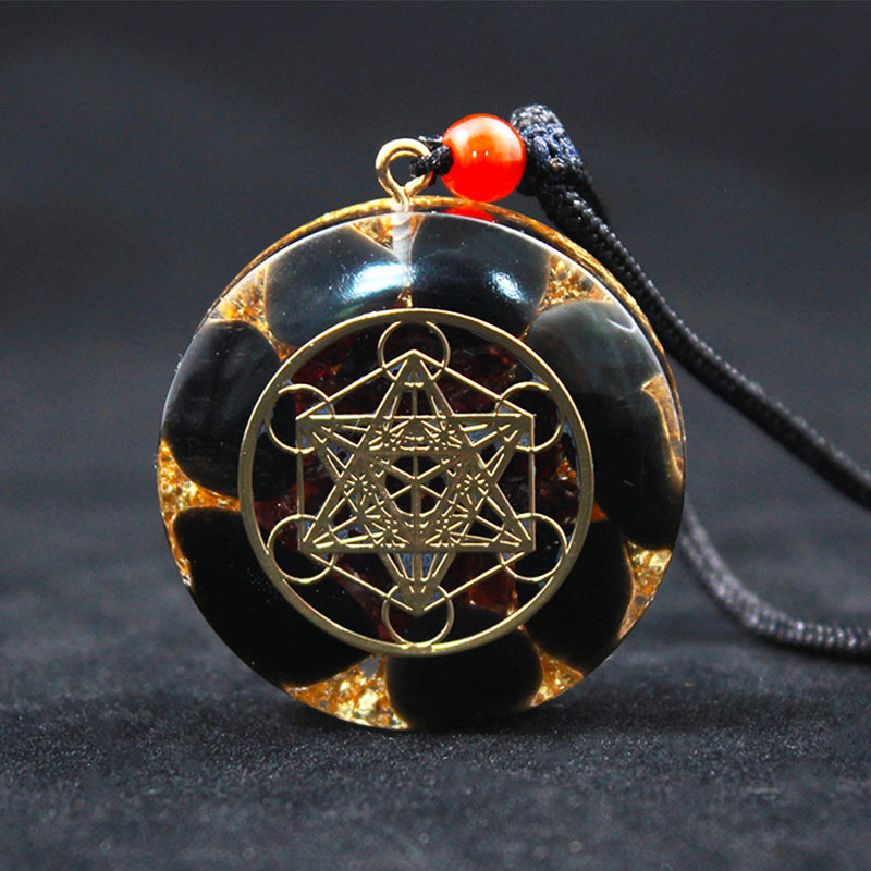 Olivenorma Obsidian Metatron'S Cube Symbol Necklace