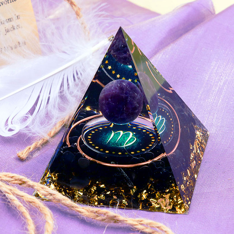 Olivenorma Amethyst Sphere with Obsidian Zodiac Virgo Orgone Pyramid