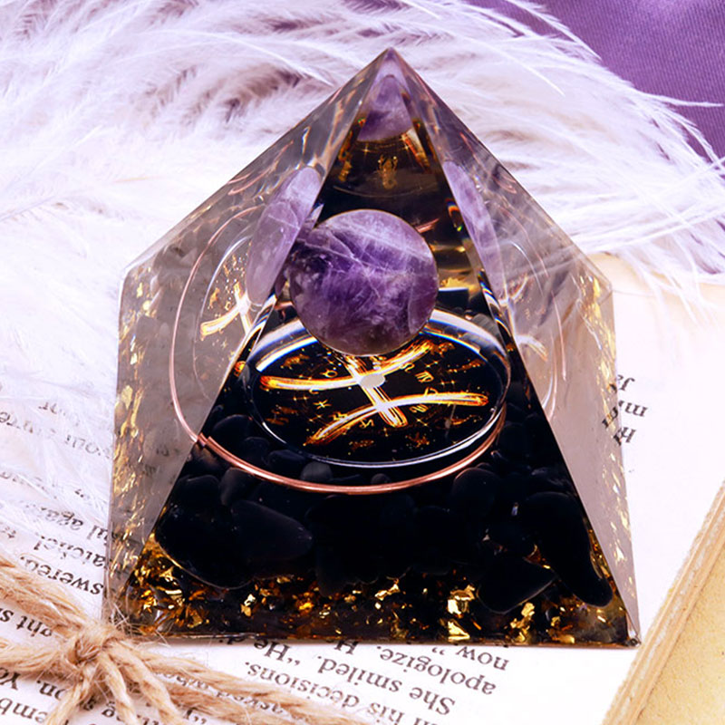 Olivenorma Amethyst Sphere With Obsidian Zodiac Pisces Orgone Pyramid