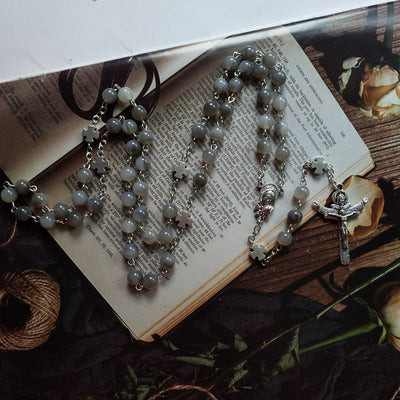 Olivenorma Gray Moonstone Silver Jesus Cross Rosary Necklace