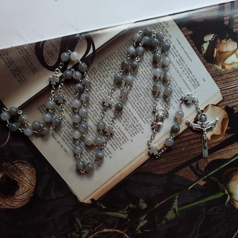 Olivenorma Gray Moonstone Jesus Cross Rosary Necklace - image 2