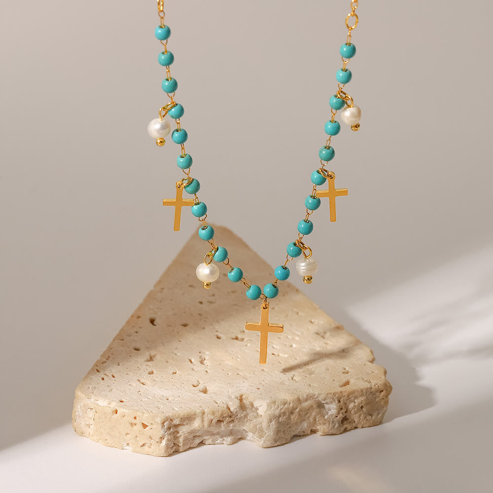 Olivenorma Turquoise Pearl Cross Pendant Tassel Necklace