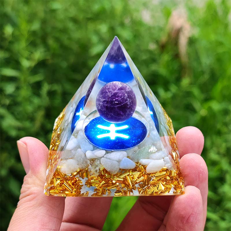 Olivenorma Amethyst with White Agate Pisces Zodiac Orgone Pyramid