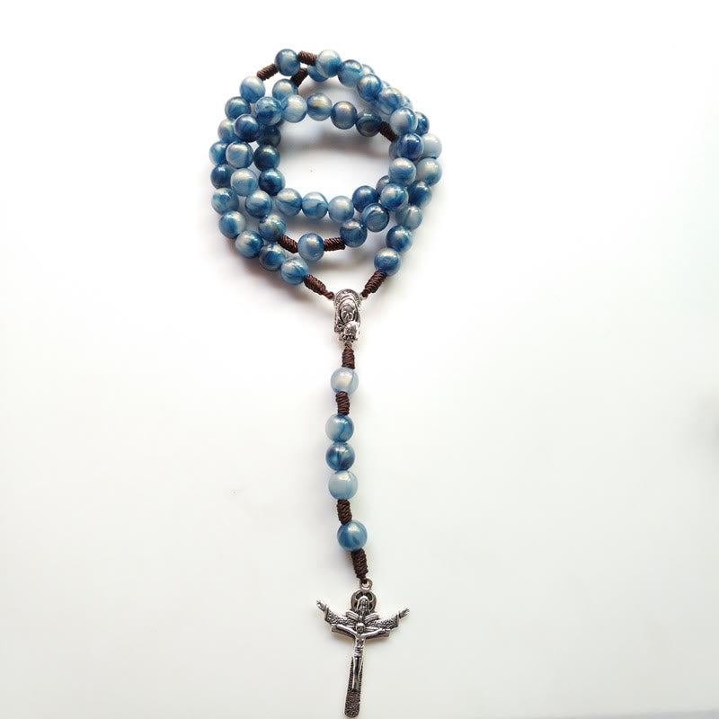 Olivenorma Blue Cat's Eye Stone Jesus Cross Rosary Necklace