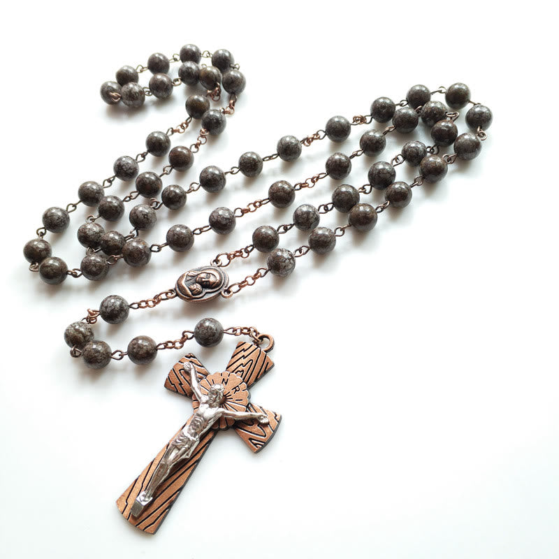 Olivenorma Snowflake Obsidian Jesus Cross Rosary Necklace