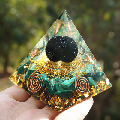 Olivenorma Malachite With Obsidian Sphere Orgone Pyrammid