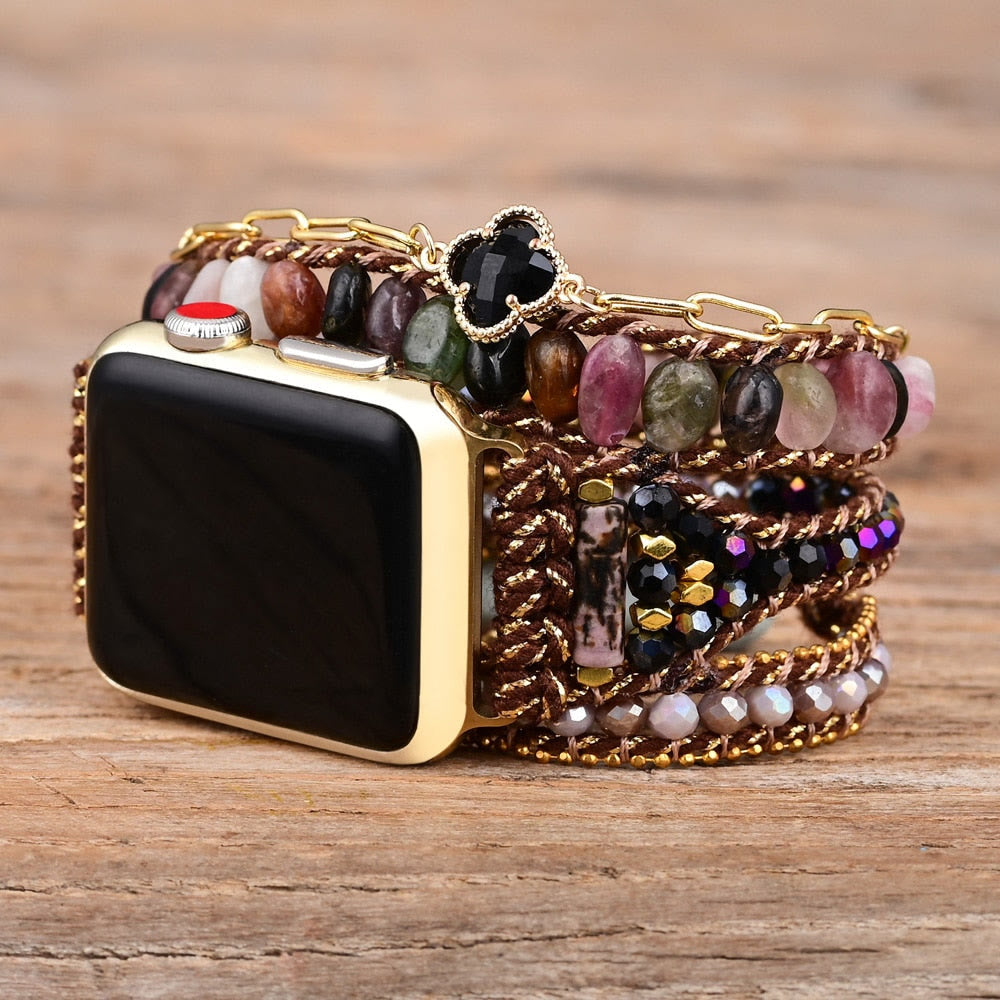 Olivenorma Strawberry Quartz Obsidian Apple Watch Strap Wrap Bracelet