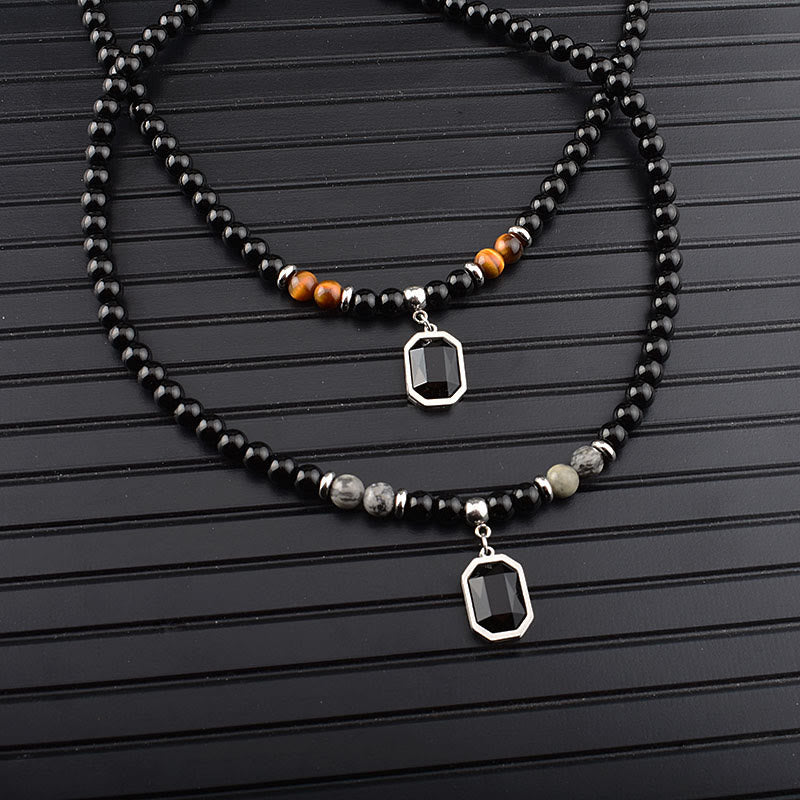 Olivenorma Tiger Eye Obsidian Beaded Men Titanium Steel Necklace