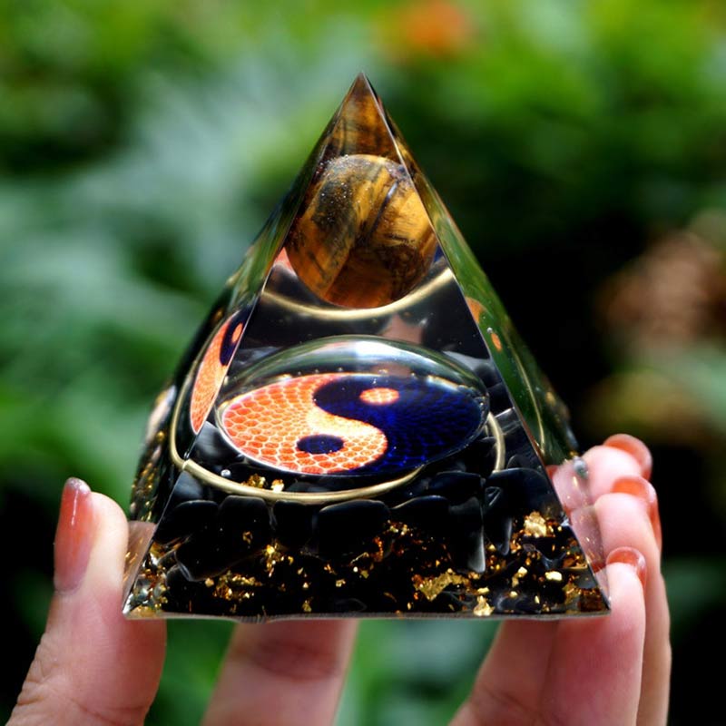 Olivenorma Tiger Eye Sphere With Obsidian Reki Orgone Pyramid