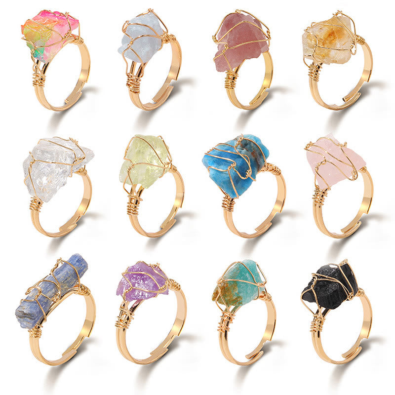 Olivenorma Natural Irregular Rough Wire Wrap Gemstone Ring