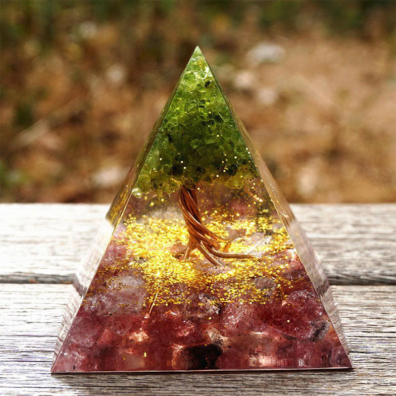 Olivenorma Tree of Life Peridot and Strawberry Quartz Orgone Pyramid