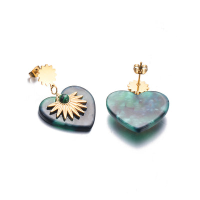 Olivenorma Moss Agate Gold Stainless Steel Heart Shaped Earrings