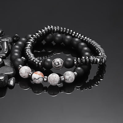 Olivenorma Gray Jasper Black Onyx Men Beaded Bracelet Set