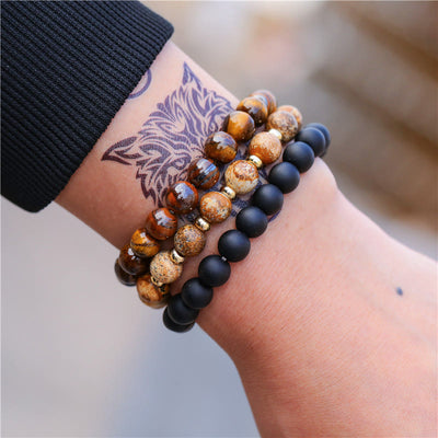 Olivenorma 3Pcs Picture Jasper Tiger Eye Black Onyx Beaded Bracelets