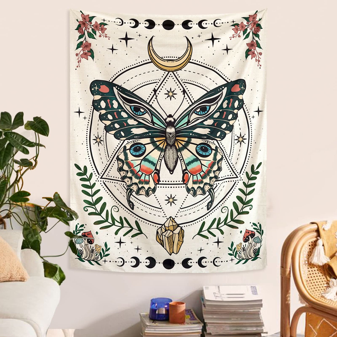 Olivenorma Boho Butterfly Moth Flower Moon Phase Tapestry