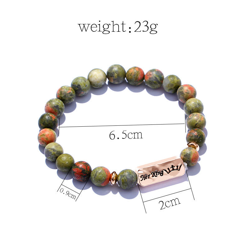 Olivenorma Natural Gemstone Her King /His Queen 2 Piece Engraving Bracelet