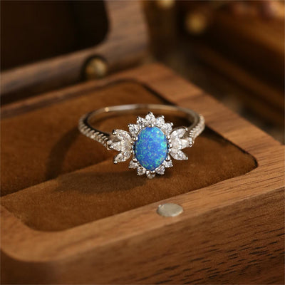 Olivenorma White Blue Opal Sunflower Design 925 Silver Ring