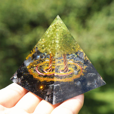 Olivenorma Peridot With Obsidian Tree Of Life Orgone Pyramid