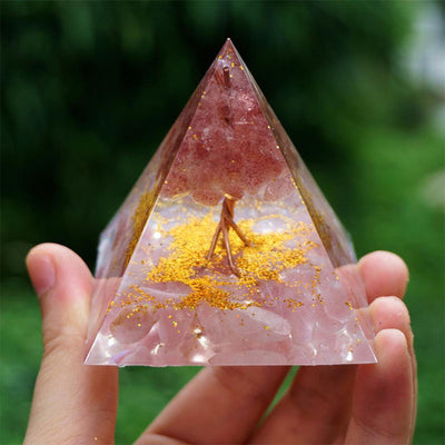 Olivenorma Tree of Life Strawberry Quartz With Rose Quartz Orgone Pyramid