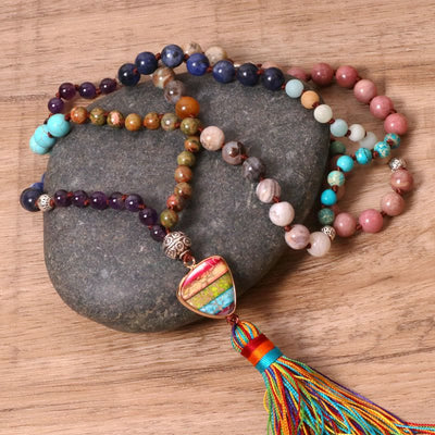 Olivenorma Gorgeous Natural Stones Chakra Triangle Pendant Mala Necklace