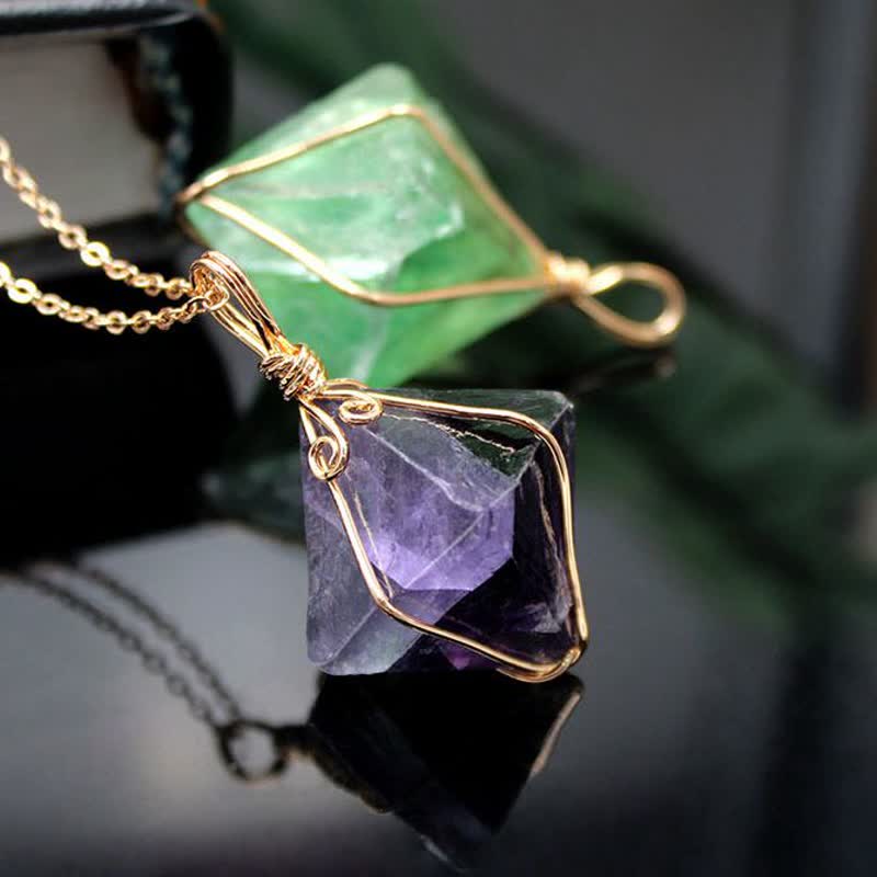 Olivenorma Natural Fluorite Octahedron Gemstone Necklace