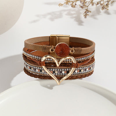 Olivenorma Multicolor Crystal Cluster Metallic Heart Braided Leather Bracelet