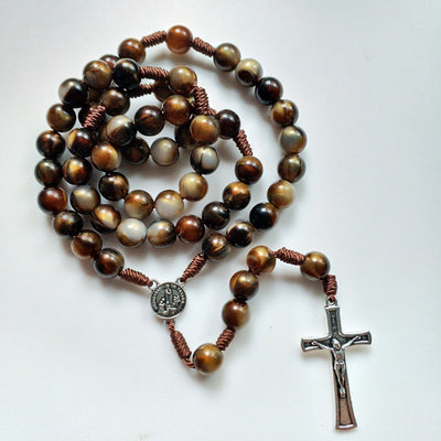 Olivenorma 10mm Agate Beads Jesus Cross Pendant Rosary Necklace - image 4