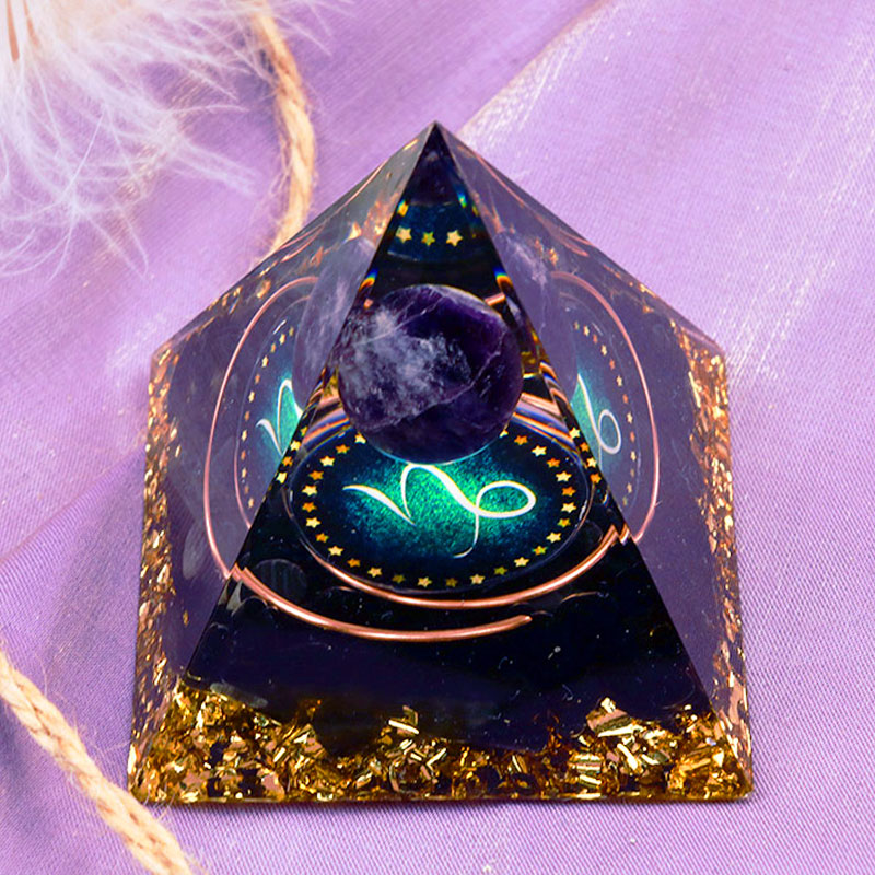 Olivenorma Amethyst Sphere With Obsidian Zodiac Capricorn Orgone Pyramid