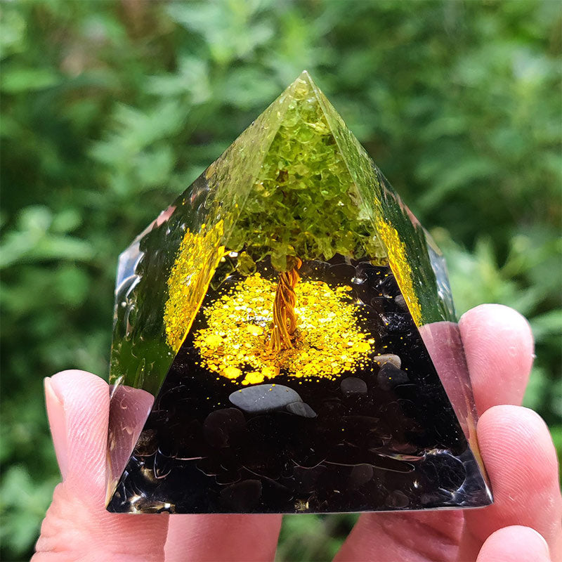 Olivenorma Obsidian with Peridot Tree Of Life Orgone Pyramid