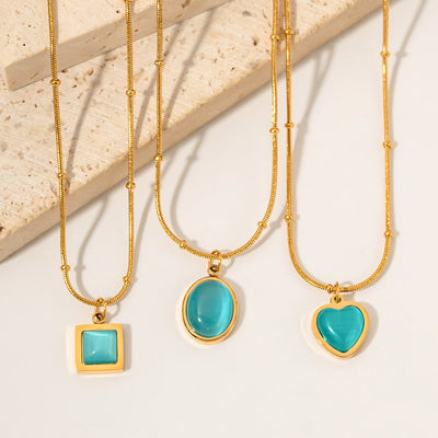 Olivenorma Blue Cat's Eye Stone Heart Square Pendant Necklace