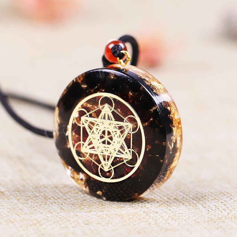 Olivenorma Obsidian And Garnet Metatron's Cube Symbol Necklace