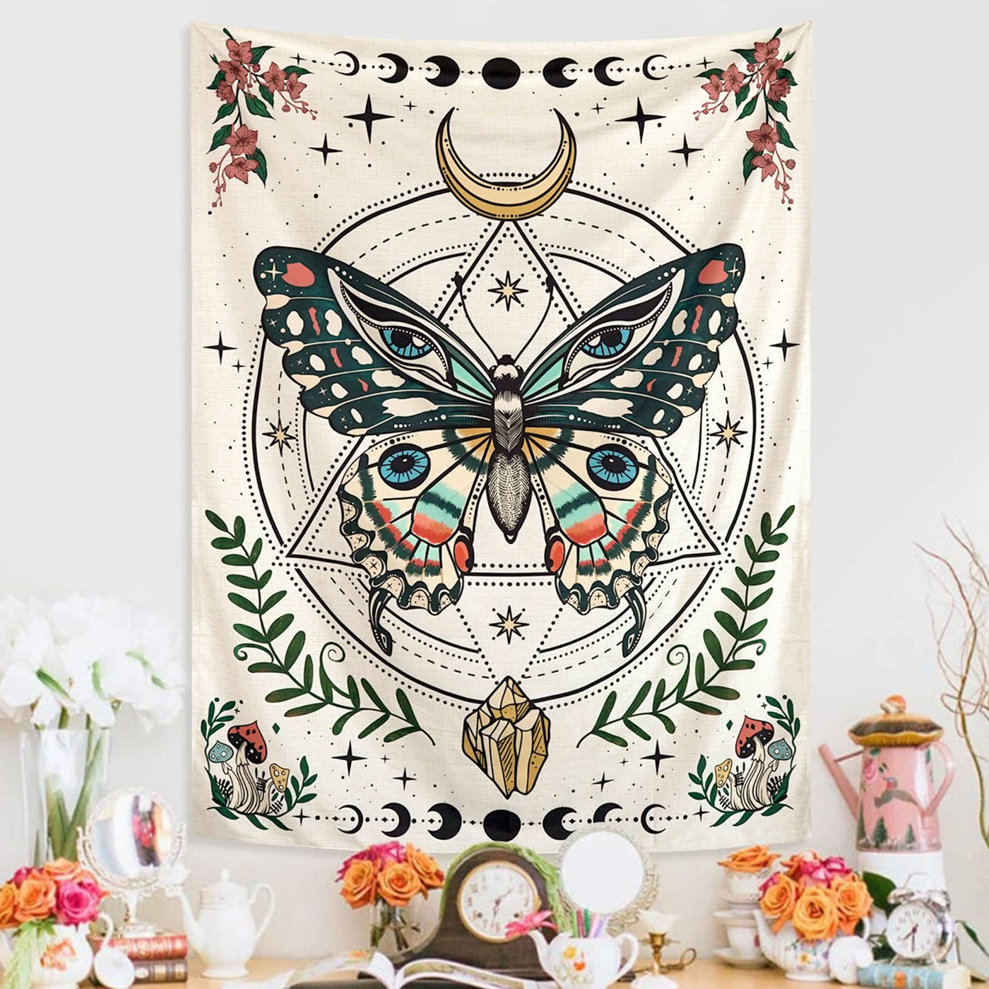 Olivenorma Boho Butterfly Moth Flower Moon Phase Tapestry