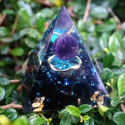 Olivenorma Amethyst Crystal Sphere with Obsidian Orgone Pyramid