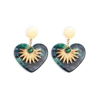 Olivenorma Moss Agate Gold Stainless Steel Heart Shaped Earrings