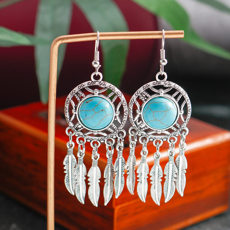 Olivenorma Turquoise Silver Feather Tassel Earrings