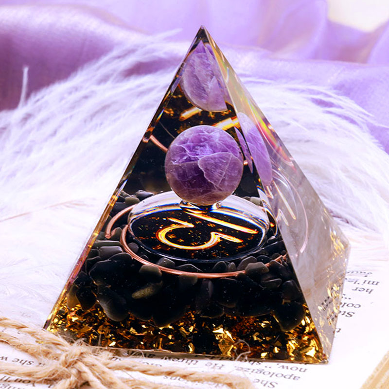 Olivenorma Amethyst Sphere With Obsidian Zodiac Libra Orgone Pyramid