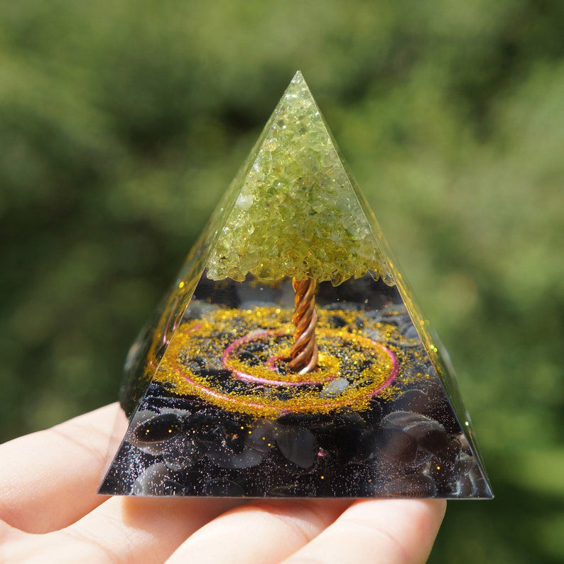 Olivenorma Peridot With Obsidian Tree Of Life Orgone Pyramid