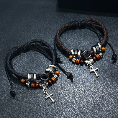 Olivenorma Adjustable Multi Layered Braided Woven Leather Cross Bracelet