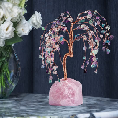 Olivenorma Fluorite Leaves Rose Quartz Base Feng Shui Tree