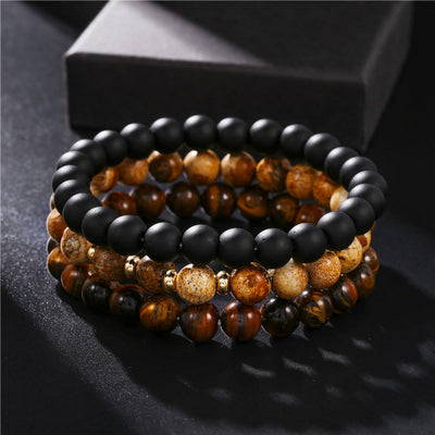 Olivenorma 3Pcs Picture Jasper Tiger Eye Black Onyx Beaded Bracelets