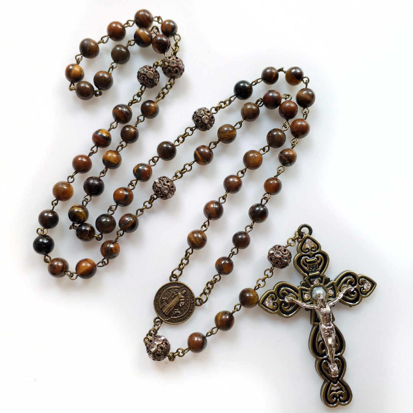 Olivenorma Grade A Tiger Eye Cross Pendant Rosary Necklace