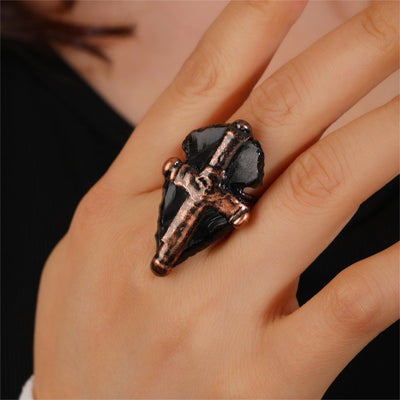 Olivenorma Natural Obsidian Shield Cross Shape Ring