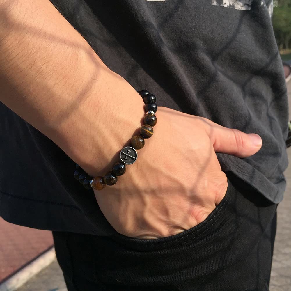 Olivenorma 8mm Natural Tiger Eye Beaded Men Cross Bracelet