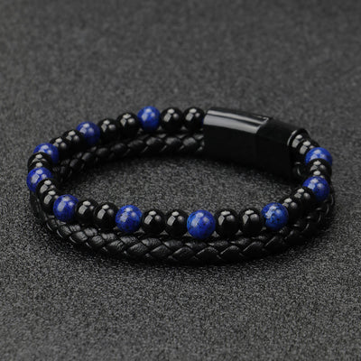 Olivenorma Mens Beaded Leather Two Layer Bracelet