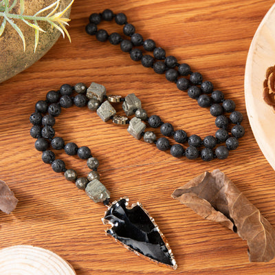 Olivenorma Obsidian Lava Stone Arrow Pendant Mala Necklace